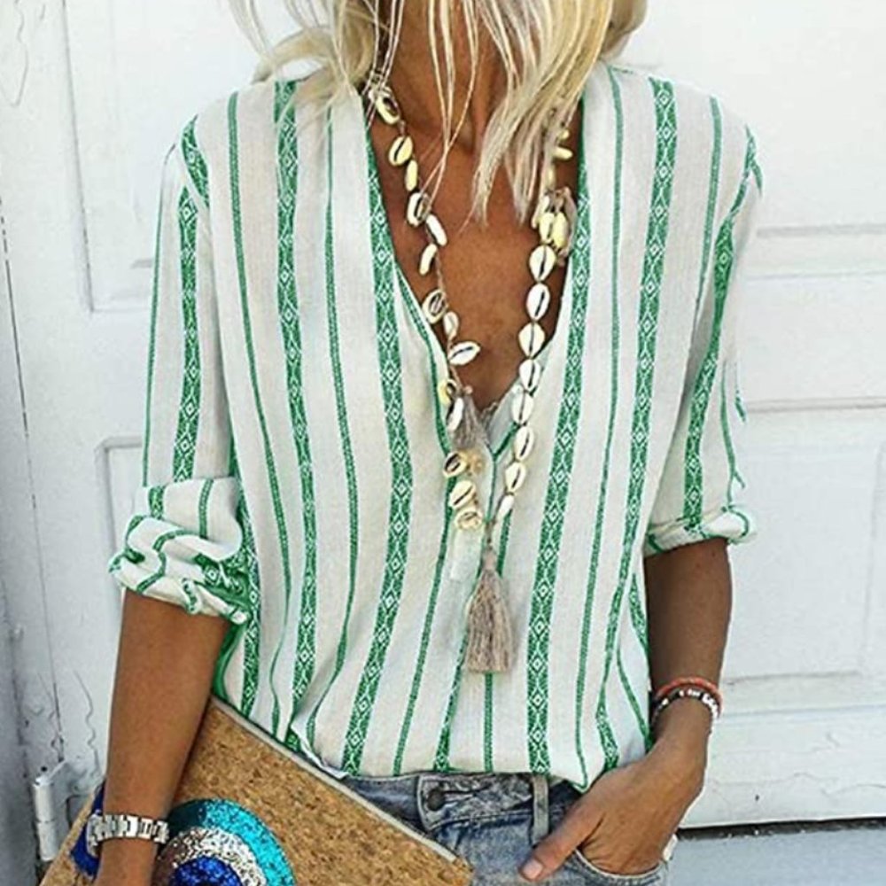 V Neck Striped Roll up Sleeve Button Down Blouses Top